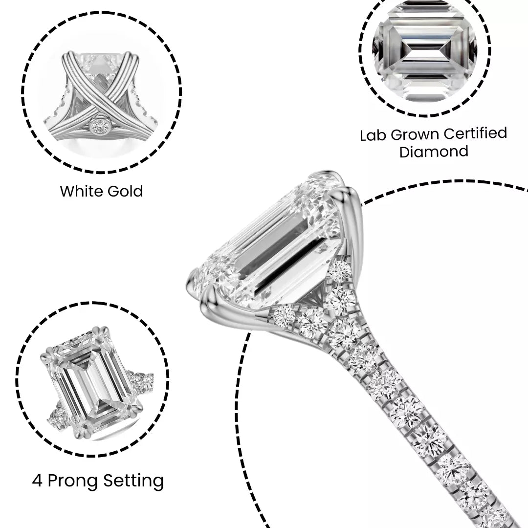Lab grown diamond engagement ring with 4.50 carat emerald cut center in 14K white gold. F VS2 clarity makes it bold, refined, and radiant.