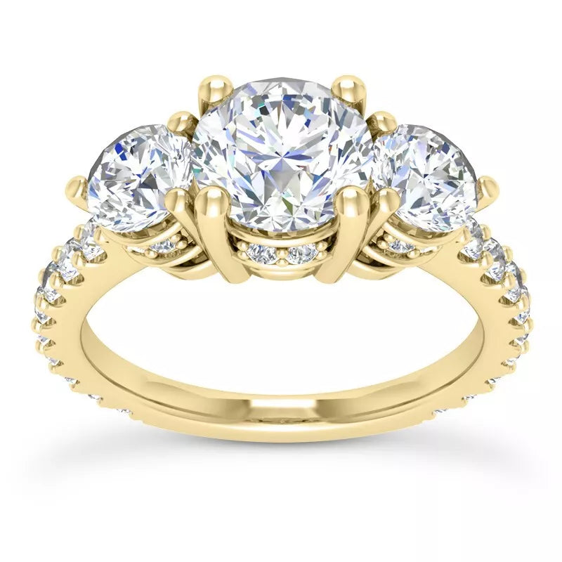 4.10 Carat E VS1 Round-Cut Solar Diamond Three-Stone Engagement Ring – Certified 14K Yellow Gold