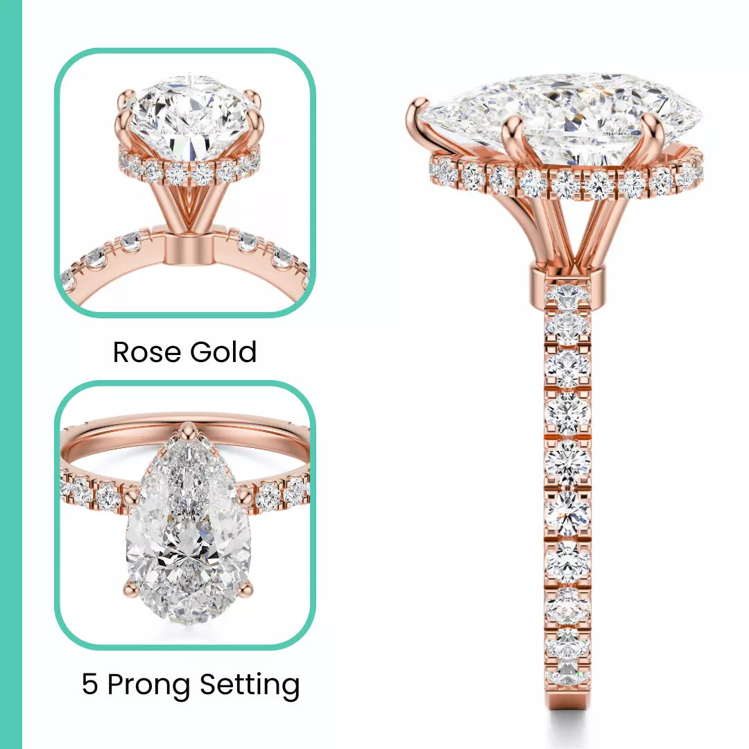 IGI Certified 2.50 Carat Pear F VS2 Lab Grown Diamond Ring 14K Rose Gold