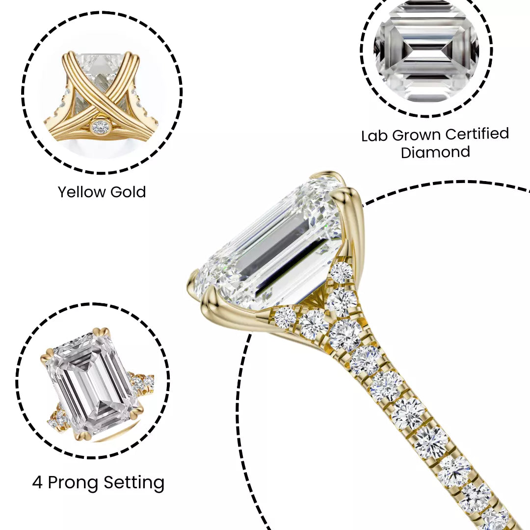 4.50 carat lab grown diamond engagement ring in 14K yellow gold. F VS2 emerald cut delivers clarity and elegance in every glance.