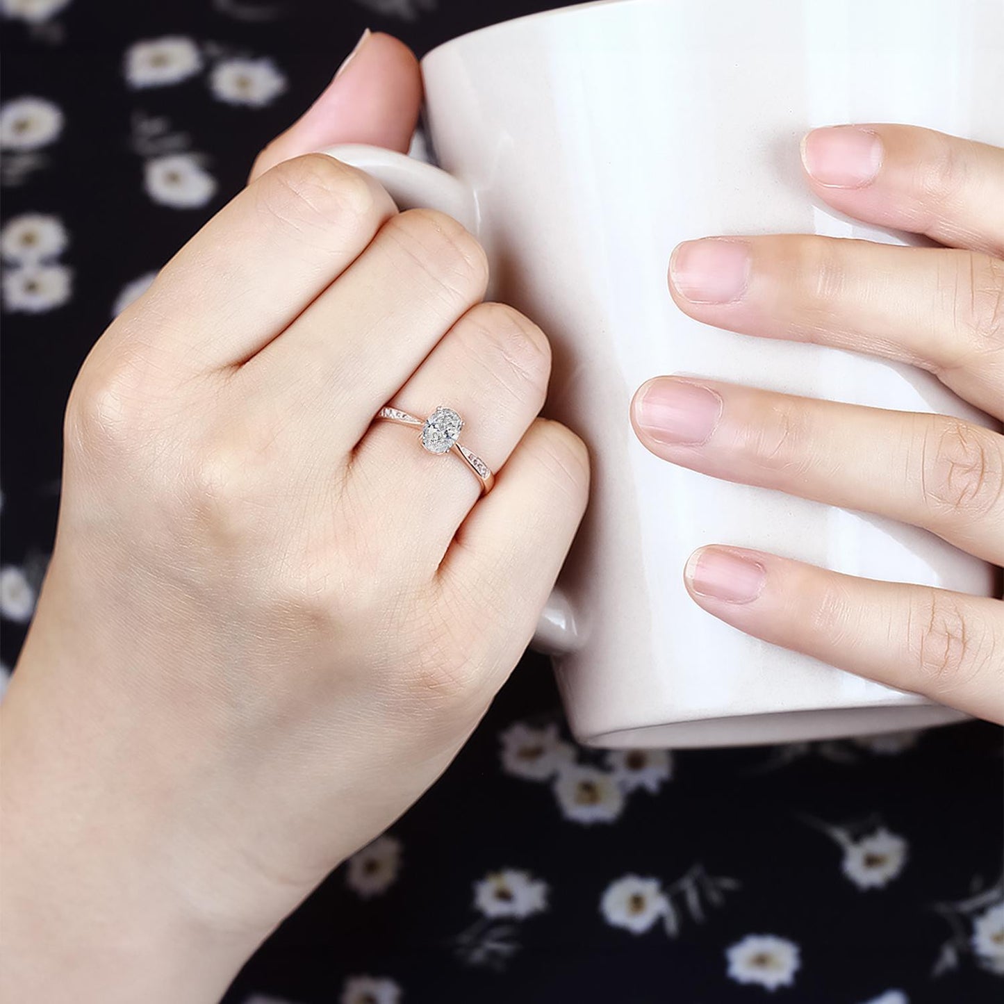 1.08 Carat Lab Grown Diamond Engagement Ring Oval & Round Cut, 10k Rose Gold with Custom Options