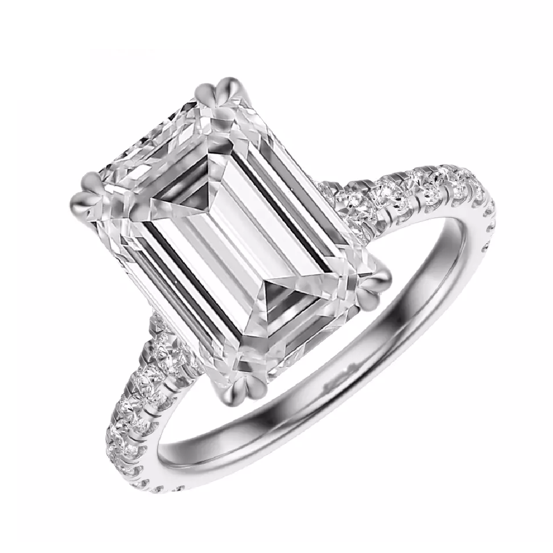 Lab grown diamond engagement ring with 4.50 carat emerald cut center in 14K white gold. F VS2 clarity makes it bold, refined, and radiant.