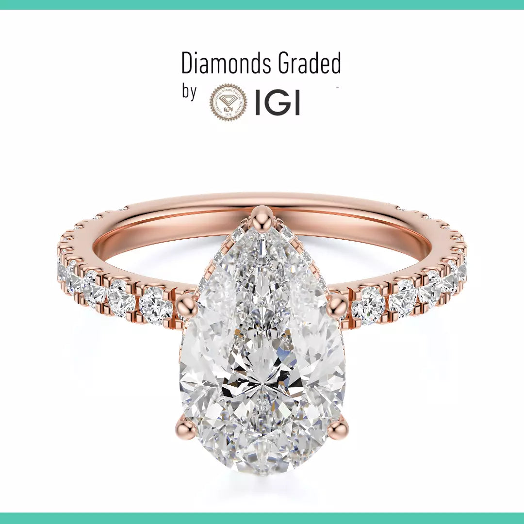 IGI Certified 2.50 Carat Pear F VS2 Lab Grown Diamond Ring 14K Rose Gold