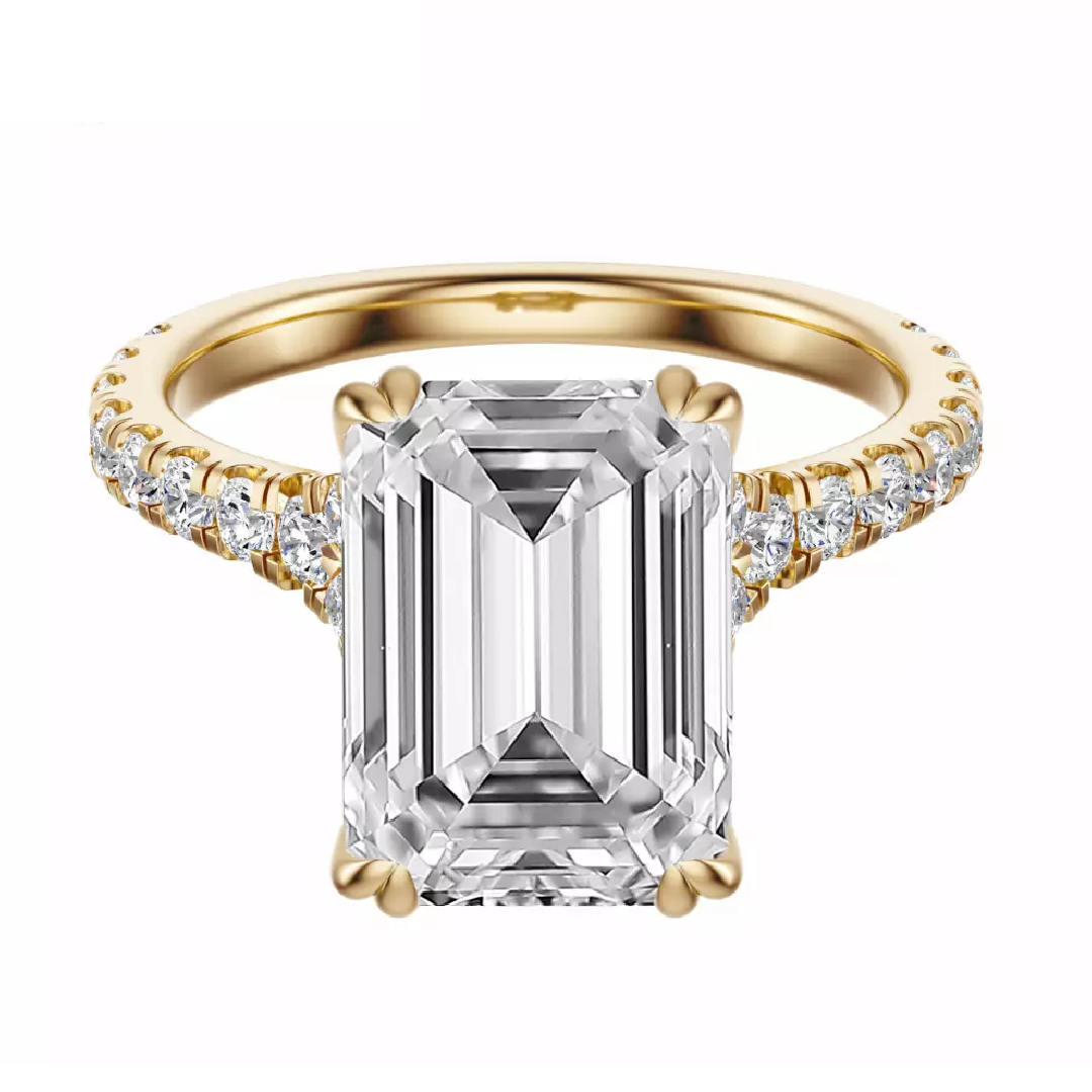 4.50 carat lab grown diamond engagement ring in 14K yellow gold. F VS2 emerald cut delivers clarity and elegance in every glance.