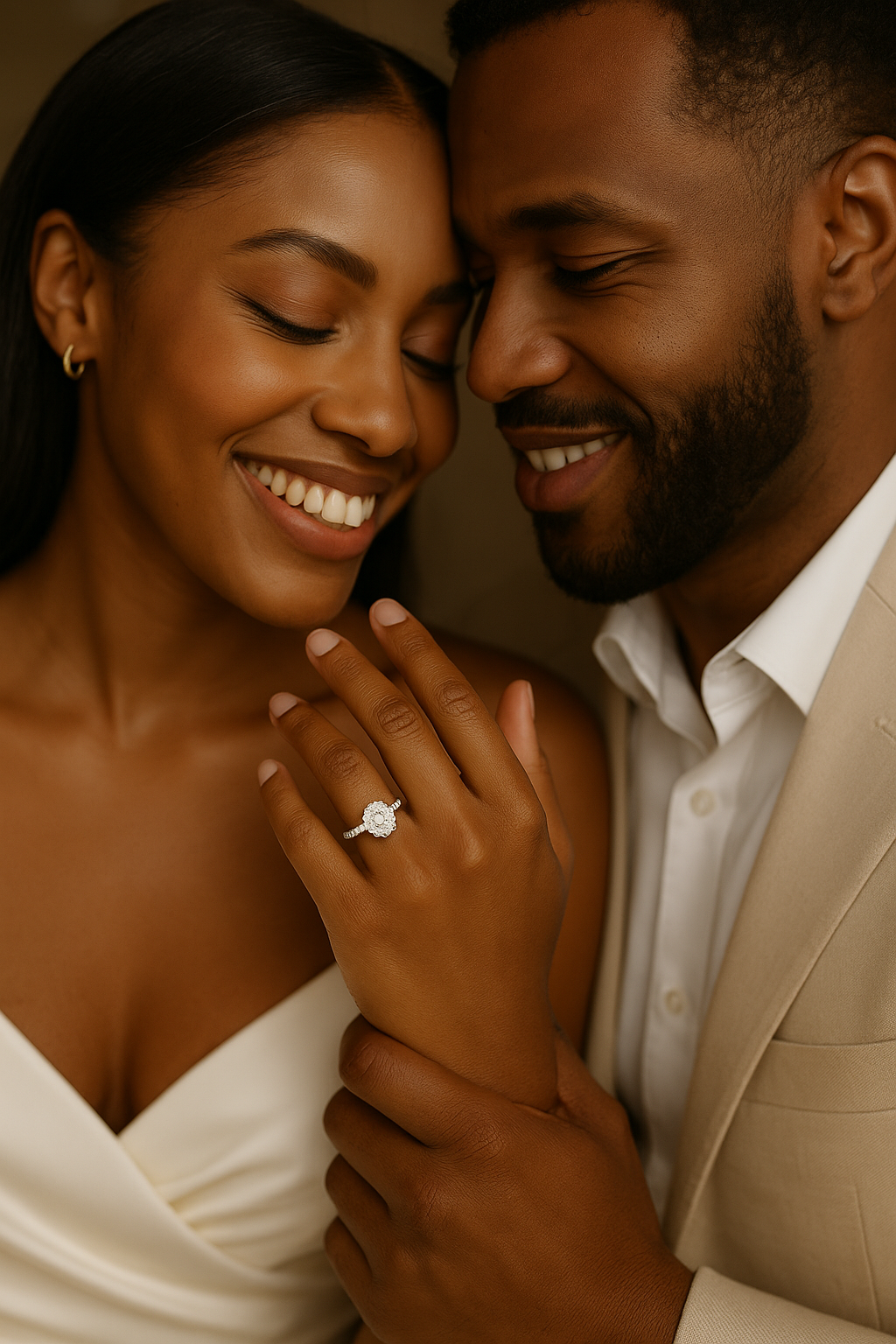 Couple smiling with a woman wearing an engagement ring, set against a warm background.