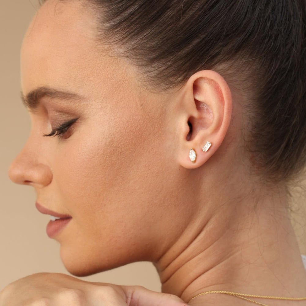 Solitaire Stud Earrings For Women, Baguette Cut White Lab Grown Diamond Ear Studs Push Back Earrings In 14K Gold Over Sterling Silver - Future Jewelry