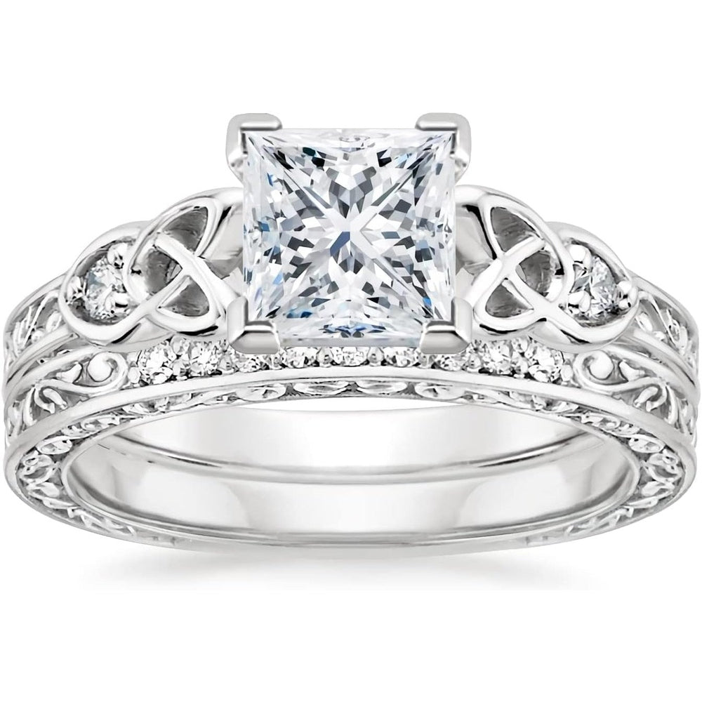 Vintage Lab Grown Diamond Princess Cut Celtic Knot Bridal Ring Sets 1 - 3 Carat (ctw) 10K 14K 18K Gold IGI Certified Lab Diamond Engagement Ring Sets for Women (D Color VVS Clarity) - Future Jewelry