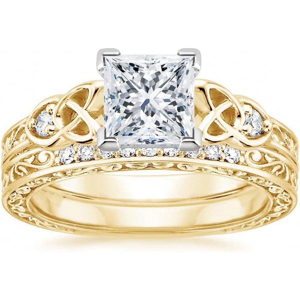 Vintage Lab Grown Diamond Princess Cut Celtic Knot Bridal Ring Sets 1 - 3 Carat (ctw) 10K 14K 18K Gold IGI Certified Lab Diamond Engagement Ring Sets for Women (D Color VVS Clarity) - Future Jewelry