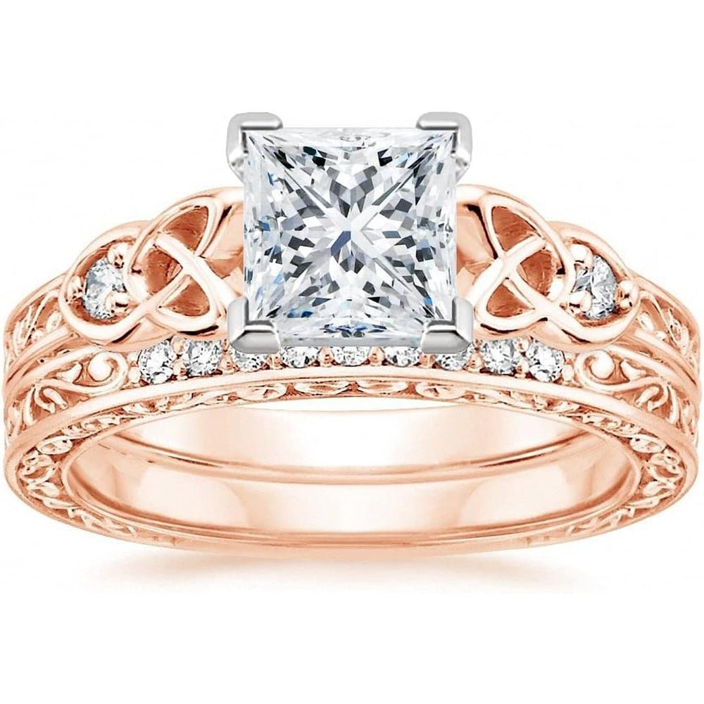 Vintage Lab Grown Diamond Princess Cut Celtic Knot Bridal Ring Sets 1 - 3 Carat (ctw) 10K 14K 18K Gold IGI Certified Lab Diamond Engagement Ring Sets for Women (D Color VVS Clarity) - Future Jewelry