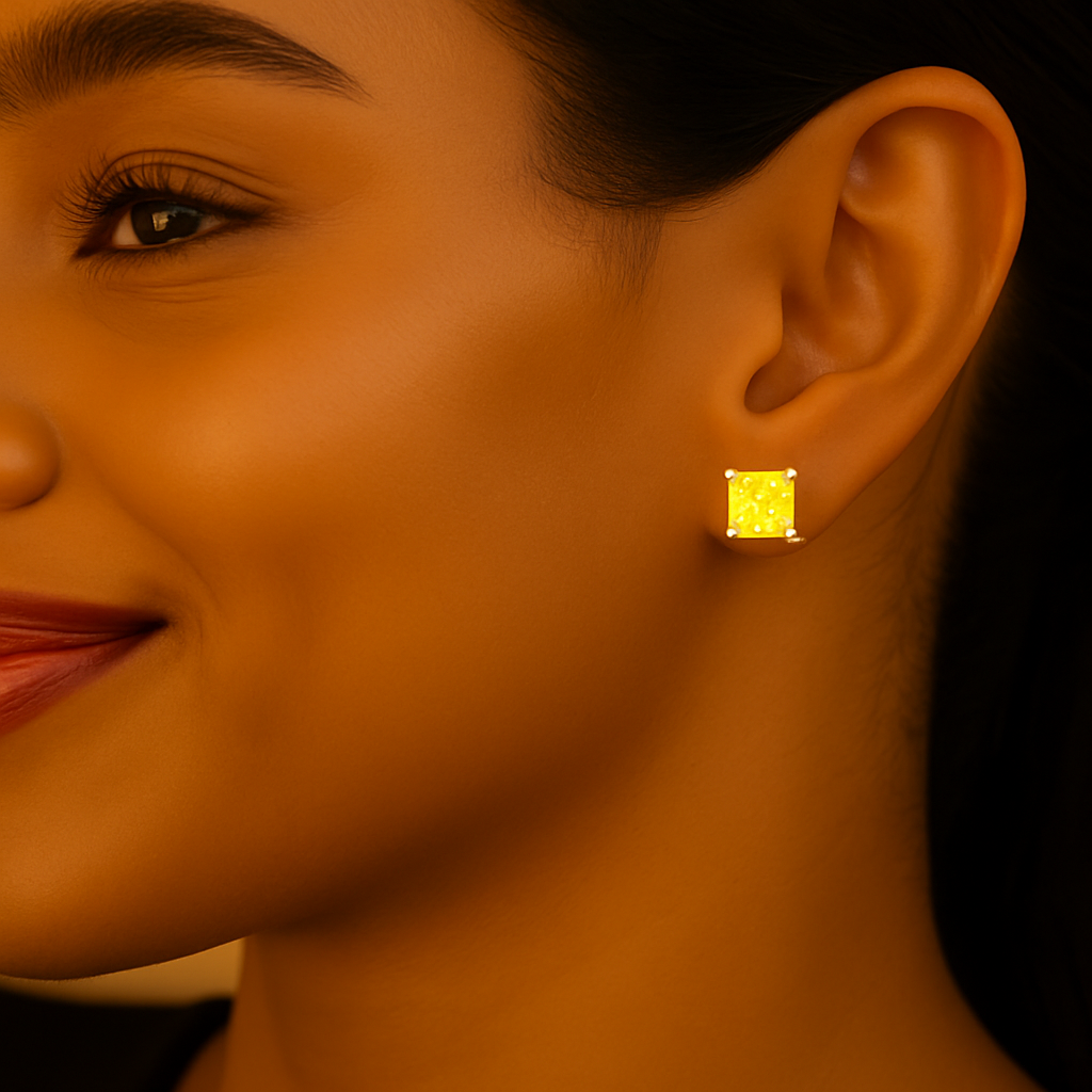 Close-up of a woman wearing a yellow gemstone earring against a dark background