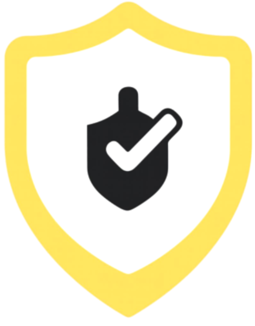 Shield icon with a black check mark on a white background demonstrating a secure website