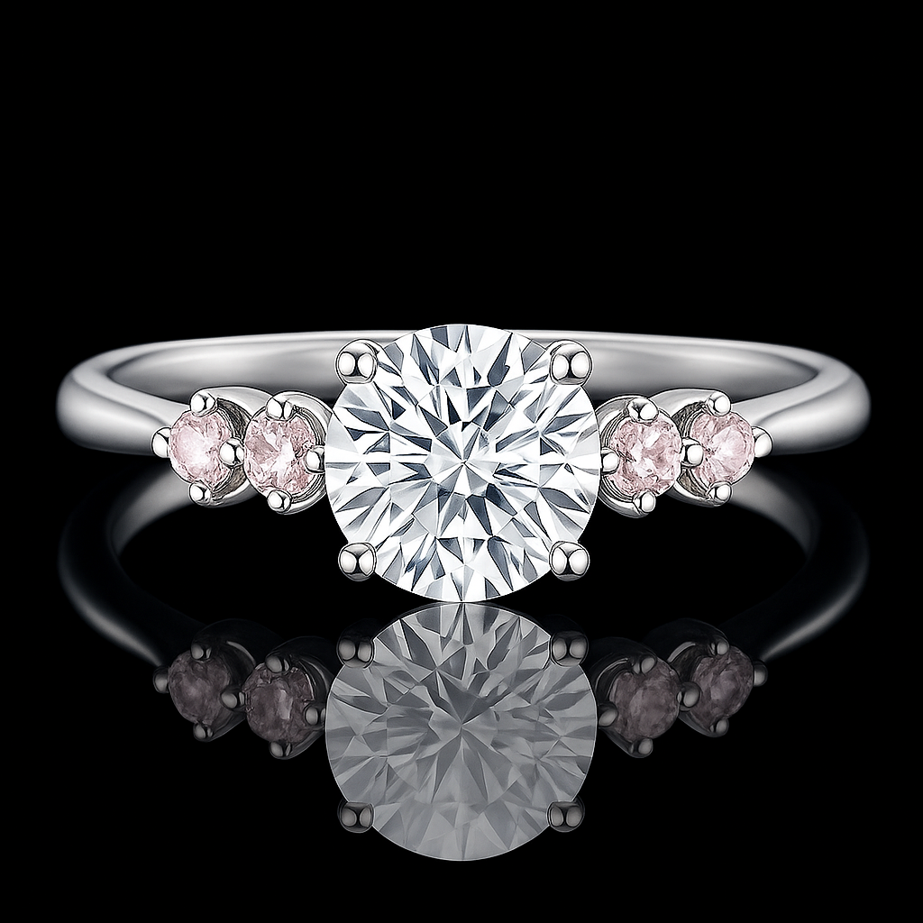 Silver ring with a large central diamond and smaller diamonds on the sides on a black background