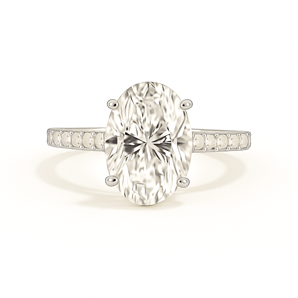 Diamond ring with a large central gemstone and smaller stones on the band against a white background