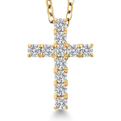 5 to 10 Carat Lab Grown Diamond Cross Pendant Necklace, 14K Gold