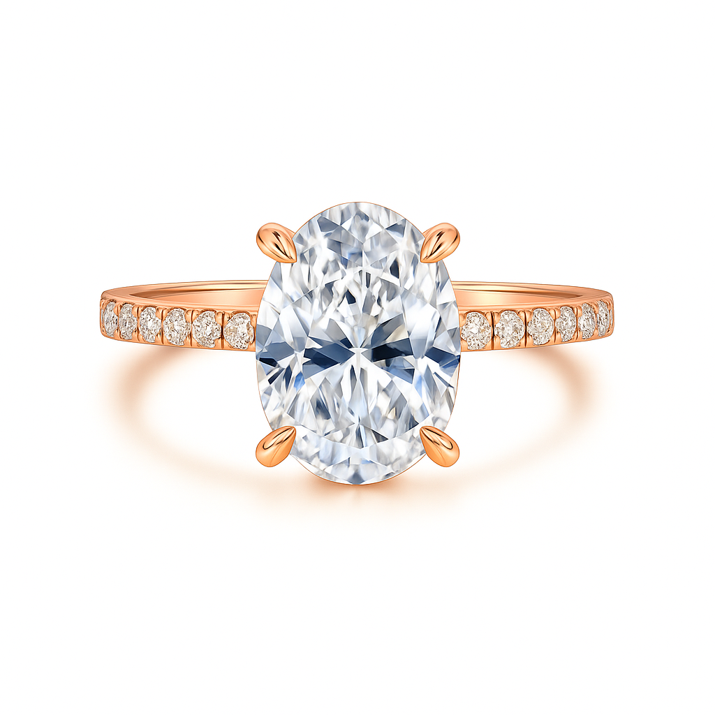 Rose gold ring with a large diamond and smaller diamonds on the band against a white background