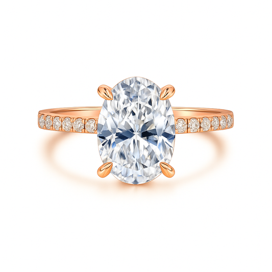 Rose gold ring with a large diamond and smaller diamonds on the band against a white background
