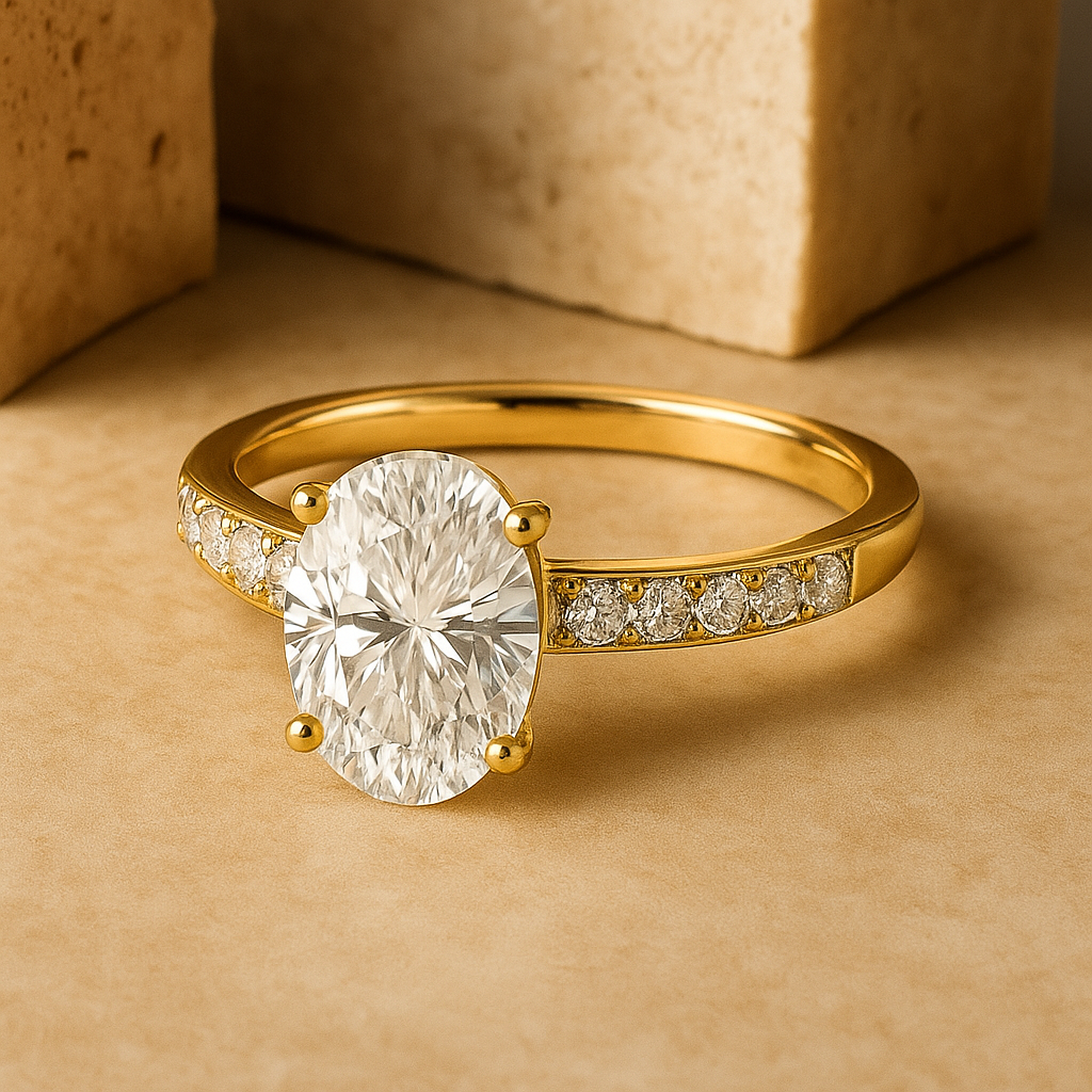 Gold ring with a large diamond and smaller diamonds on the band against a beige background