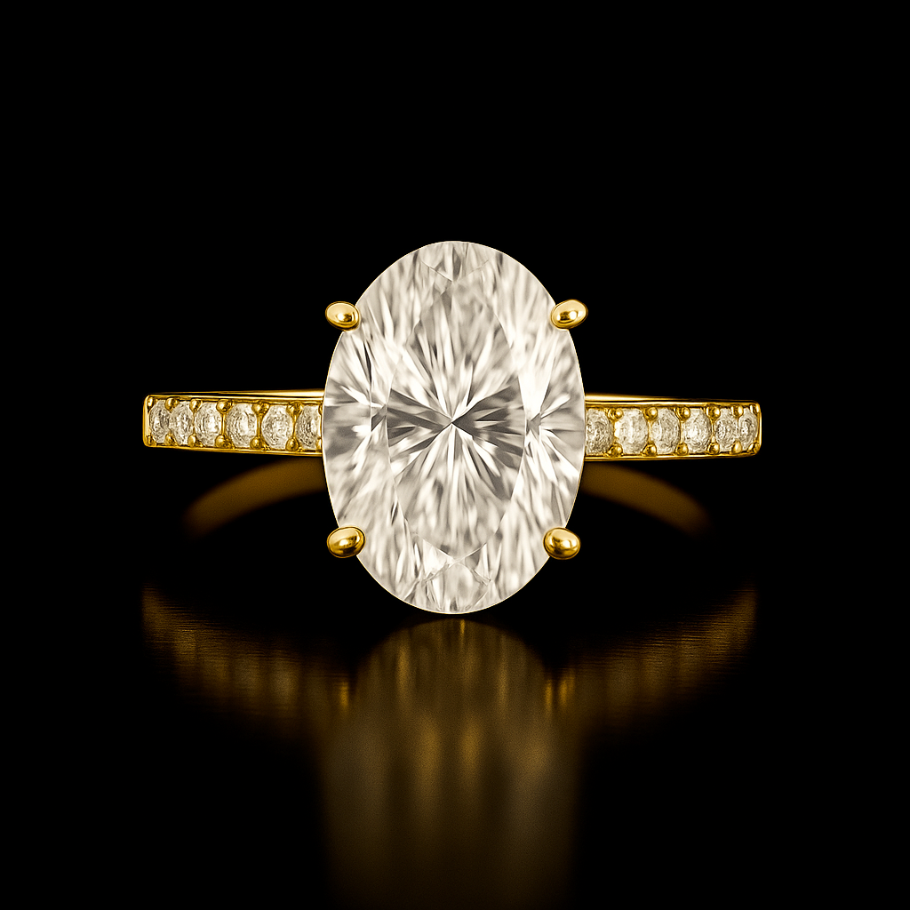 Gold ring with a large diamond and smaller diamonds on the band against a black background