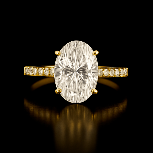 Gold ring with a large diamond and smaller diamonds on the band against a black background